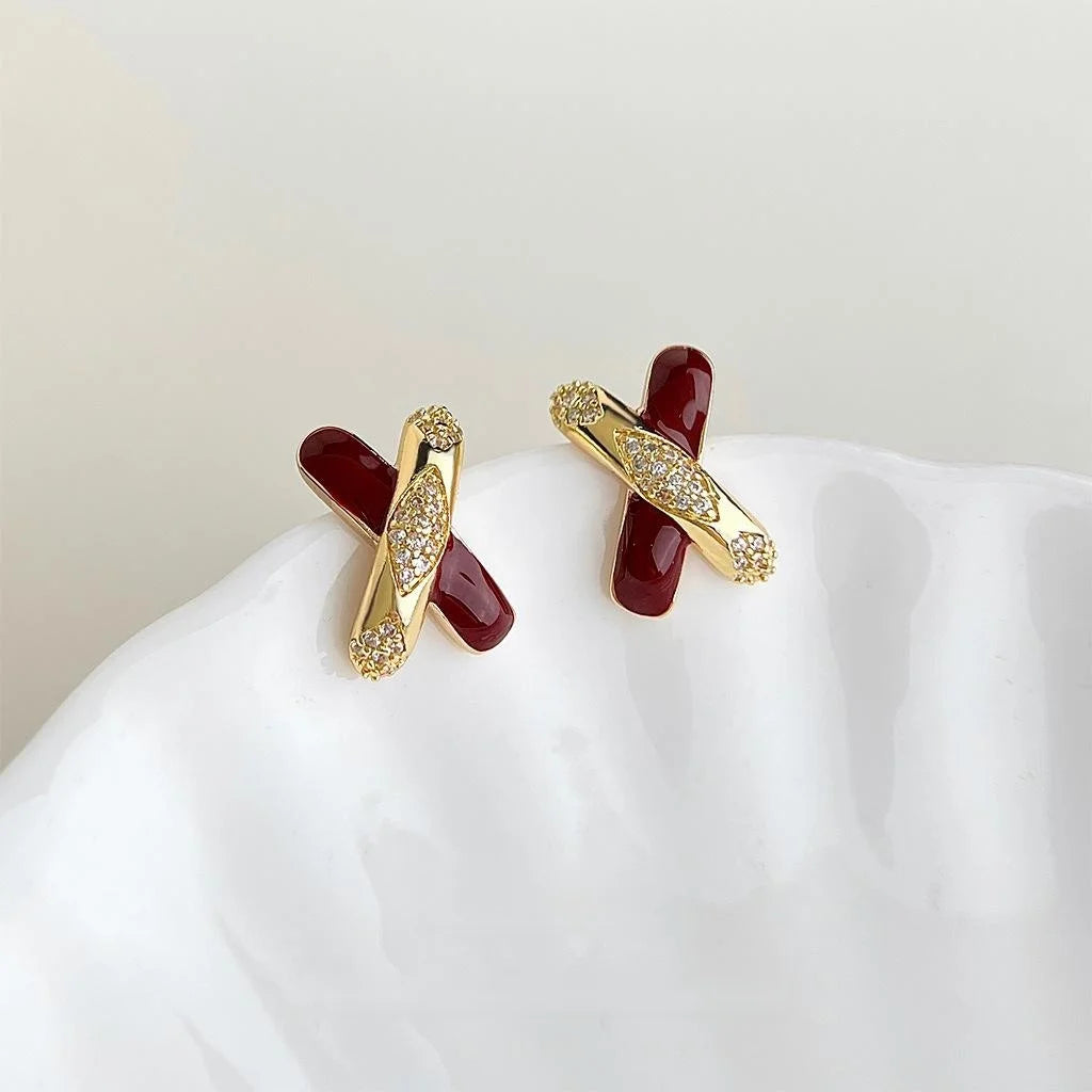 Rococo Burgundy Enamel Drip Glaze Zircon Copper Geometric Cross Stud Earrings