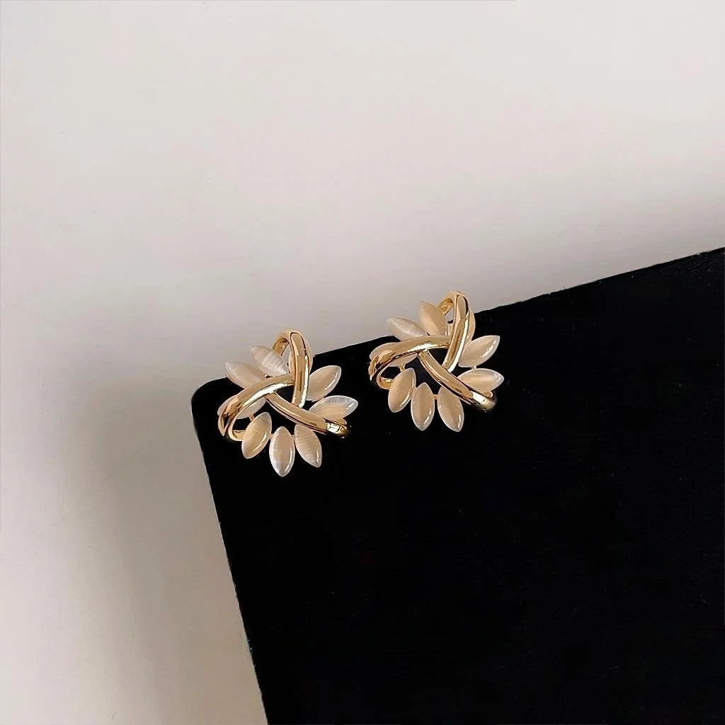 Elegant 14K Plated Copper Glass Cat Eye Stone Flower Petal Stud Earrings For Women