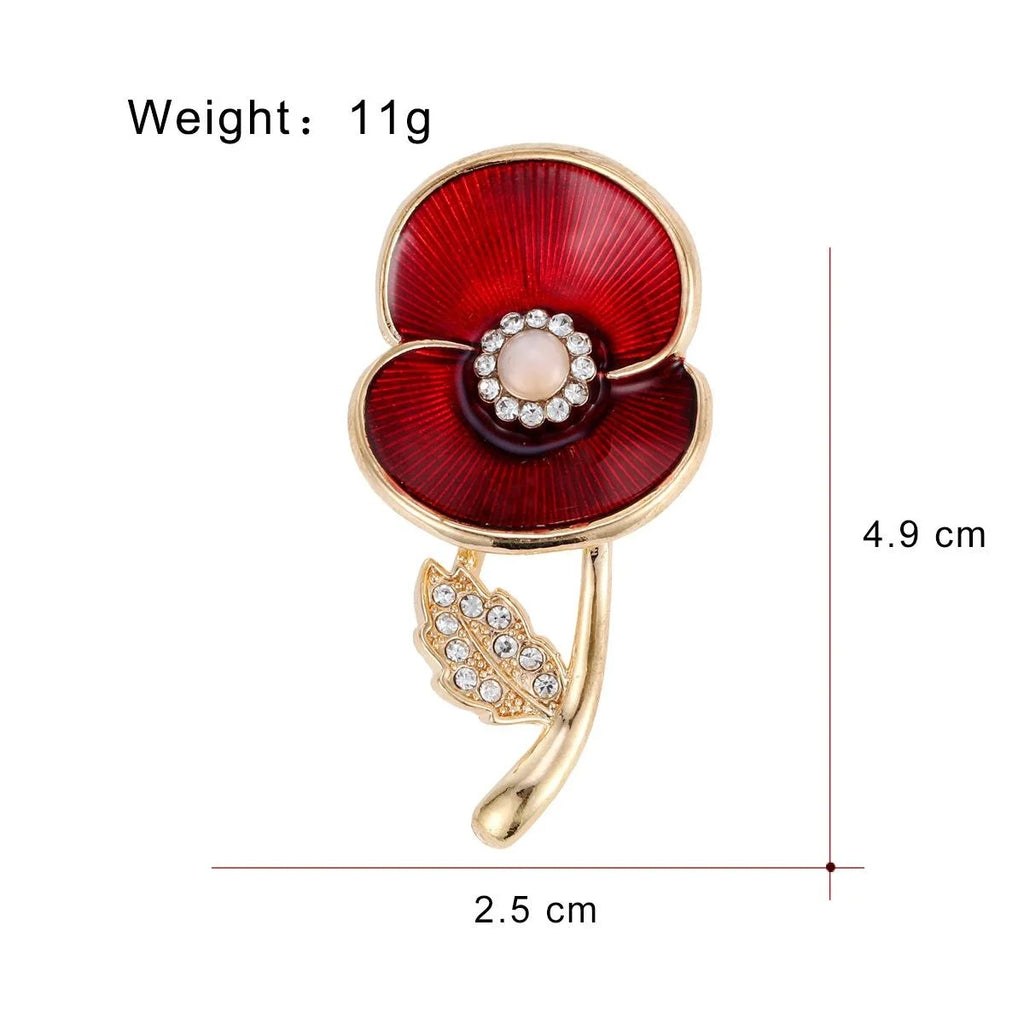 Elegant Red Poppy Flower Enamel Alloy Brooch With Rhinestones, Remembrance Lapel Pin Corsage Gift
