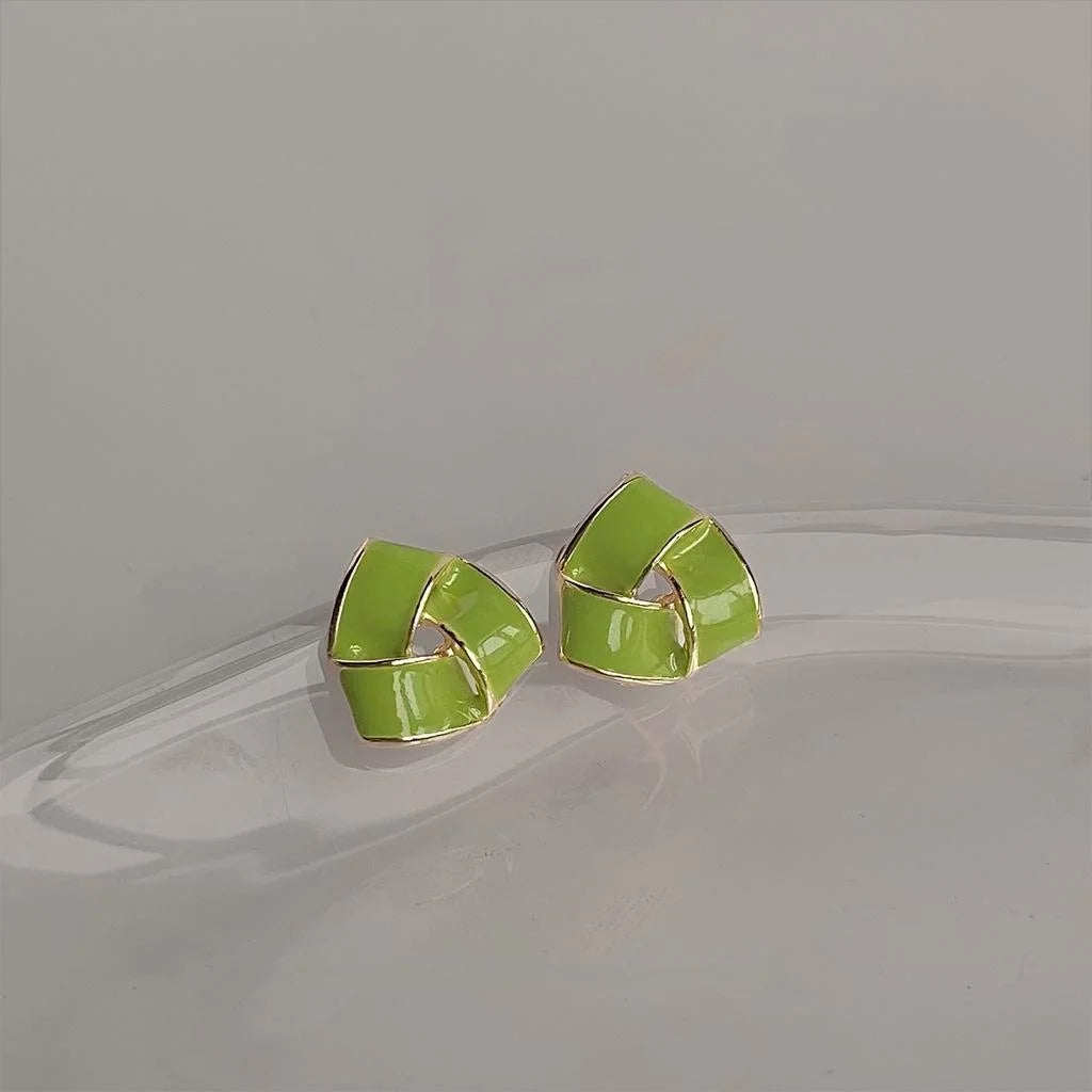 Fresh Green Triangle Copper Stud Earrings For Women Geometric Enamel Woven Design Silver Plated Pin