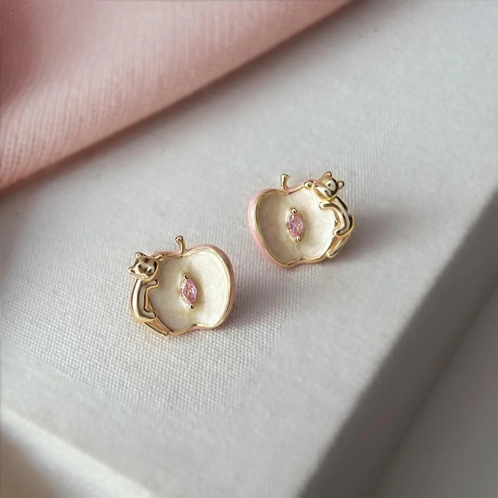 Designer Apple Cat Enamel Copper Zircon Stud Earrings Silver Plated Luxury Women's Jewelry