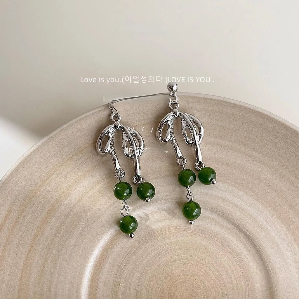 Handmade New Chinese Style Emerald Natural Stone Bow Tassel Drop Earrings Silver Plated Copper