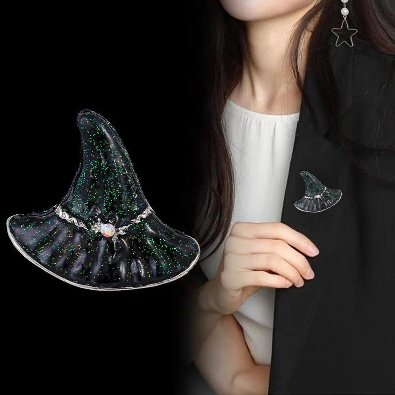 Cute Halloween Witch Hat Alloy Enamel Rhinestone Brooch, Dark Ghost Style Lapel Pin Corsage Gift