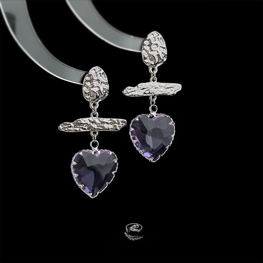 Light Luxury Purple Glass Crystal Heart Tassel Drop Earrings For Women Copper Geometric Jewelry