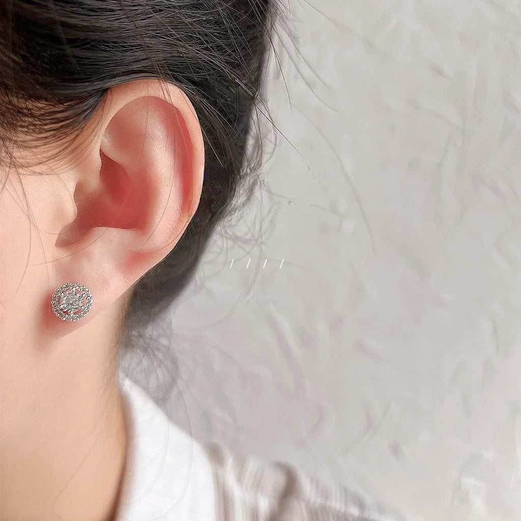Mini Micro Pave Zircon Round Geometric Copper Stud Earrings With Silver Plated Pins
