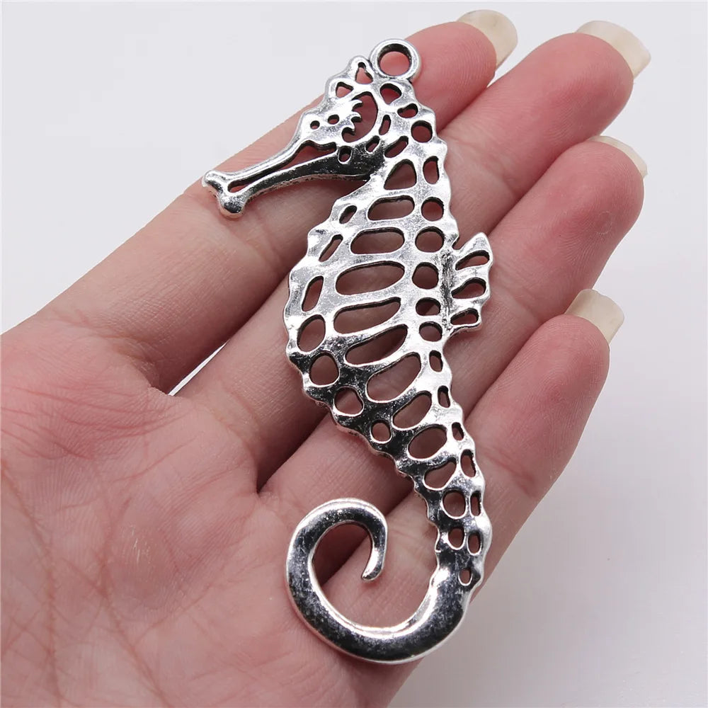 40x90mm 12.2g Antique Silver Zinc Alloy Seahorse Charm Pendant for DIY Ocean Theme Jewelry Making