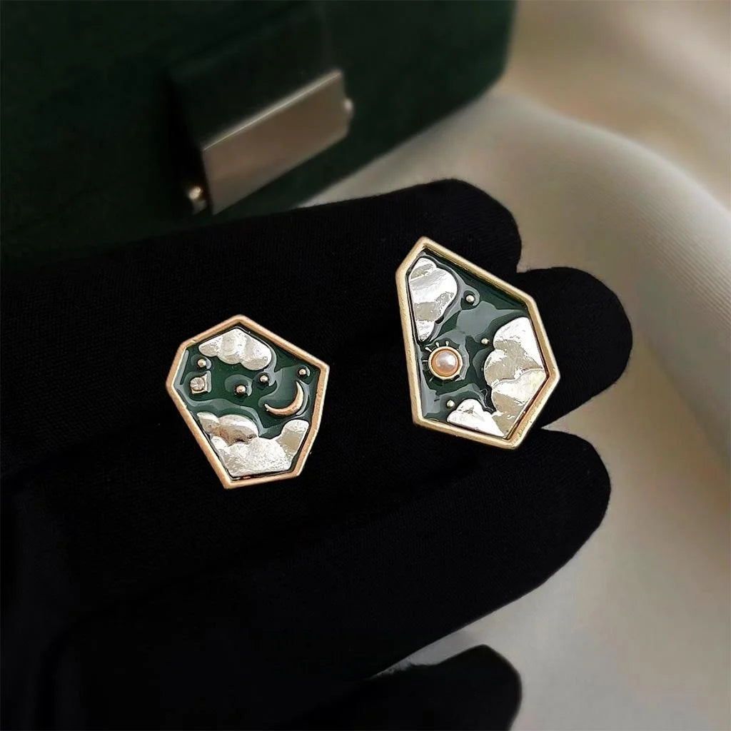 Artistic Asymmetric Star Moon Stud Earrings Copper Irregular Geometric Oil Painting Style