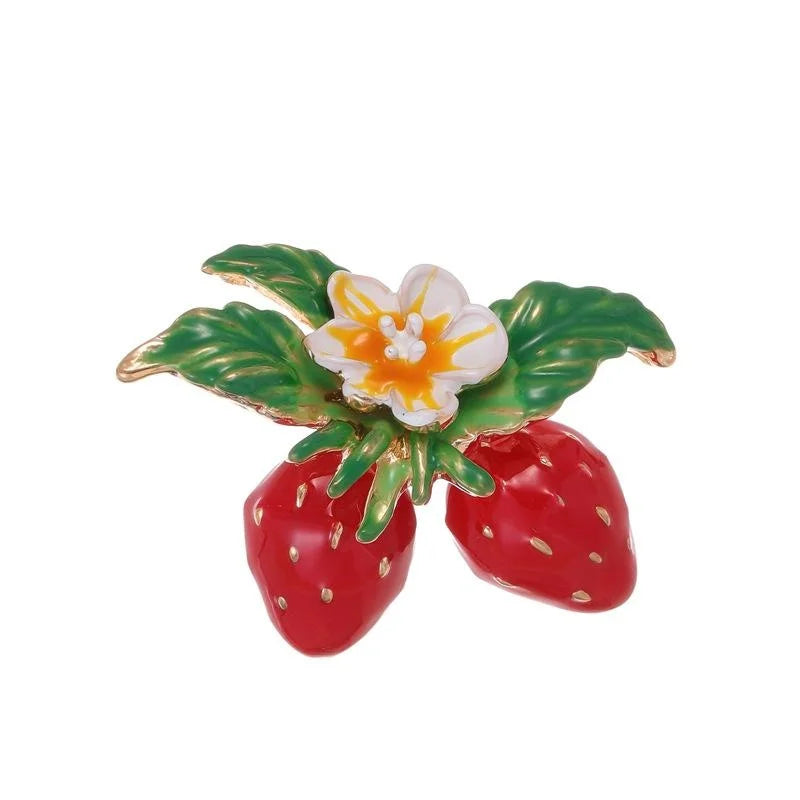Cute Enamel Strawberry Flower Brooch With Gold Tone Alloy Leaves, Fruit Lapel Pin For Cardigan Gift