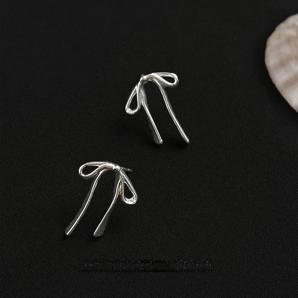 Sweet Bow Ribbon Stud Earrings Silver Tone Copper Minimalist Fashion Jewelry