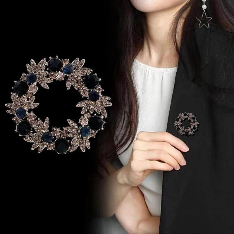 Luxury Rhinestone Floral Wreath Brooch With Navy Crystal Accents, Elegant Alloy Lapel Pin Suit Accessory