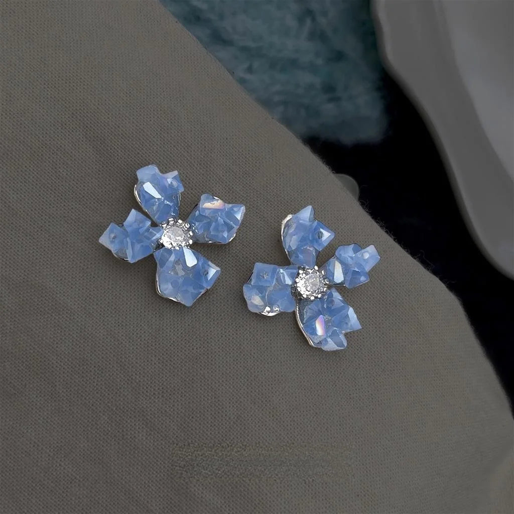 Handmade Glass Crystal Haze Blue Flower Drop Earrings French Sweet Forest Style Jewelry