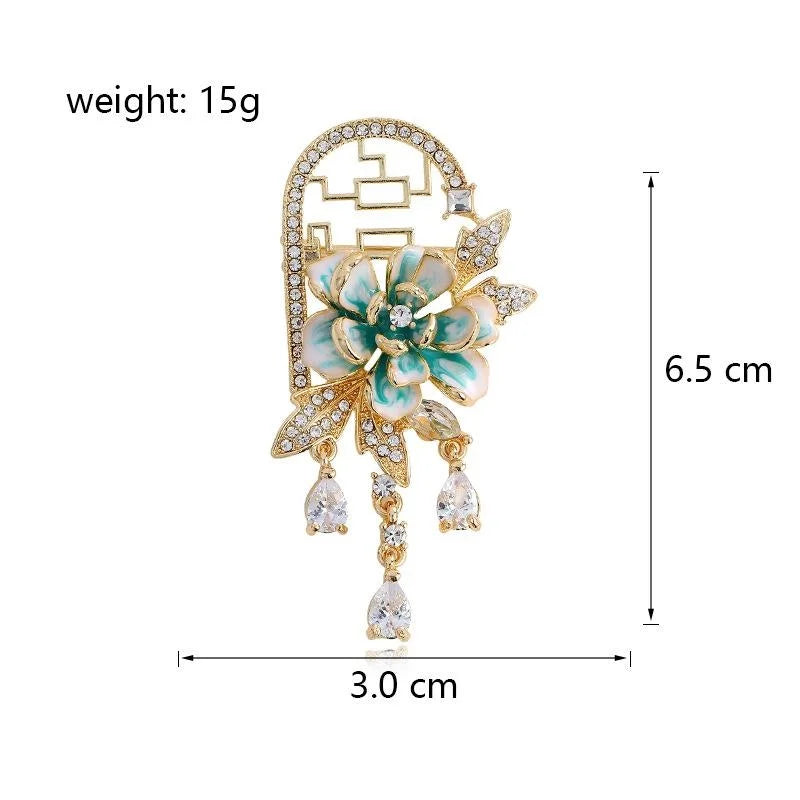 Elegant Chinese Style Enamel Peony Flower Tassel Brooch With Rhinestone Zircon, Alloy Lapel Pin Corsage Gift