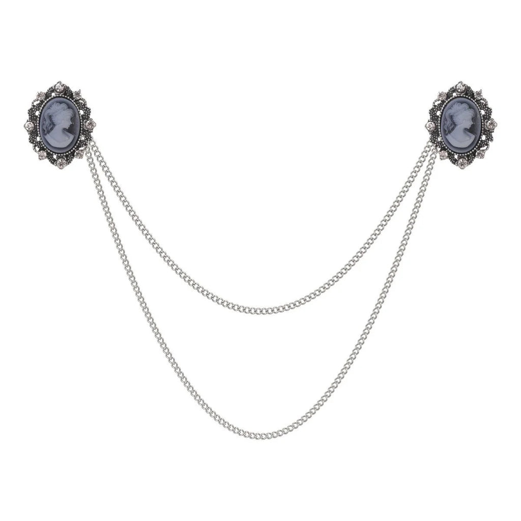 Vintage Cameo Lady Head Alloy Rhinestone Double Chain Brooch Collar Pin For Suit Lapel Scarf Gift