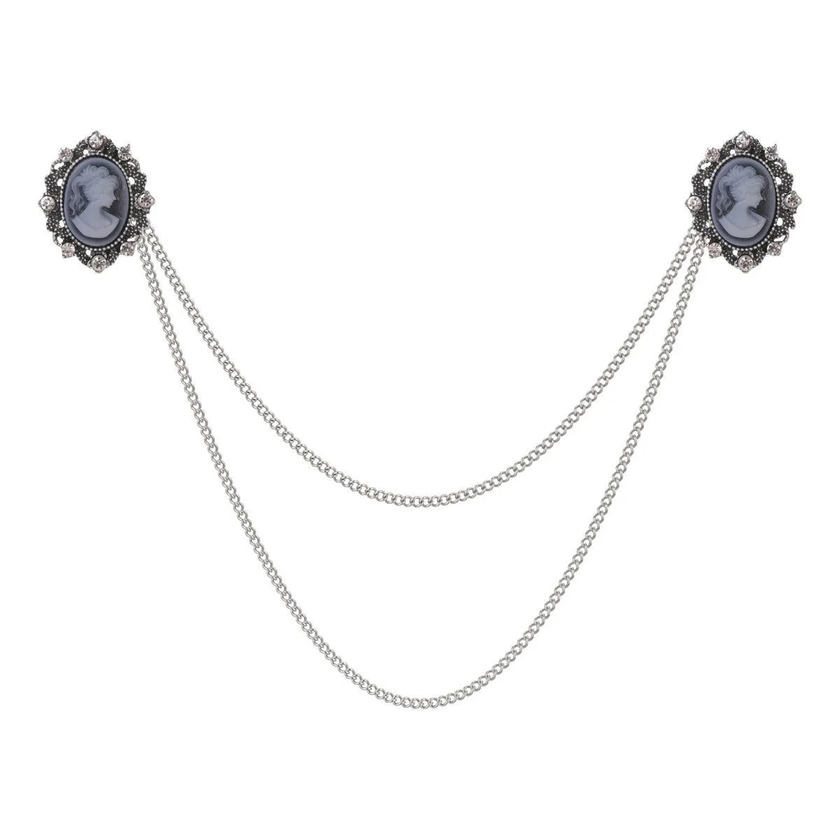 Vintage Cameo Lady Head Alloy Rhinestone Double Chain Brooch Collar Pin For Suit Lapel Scarf Gift