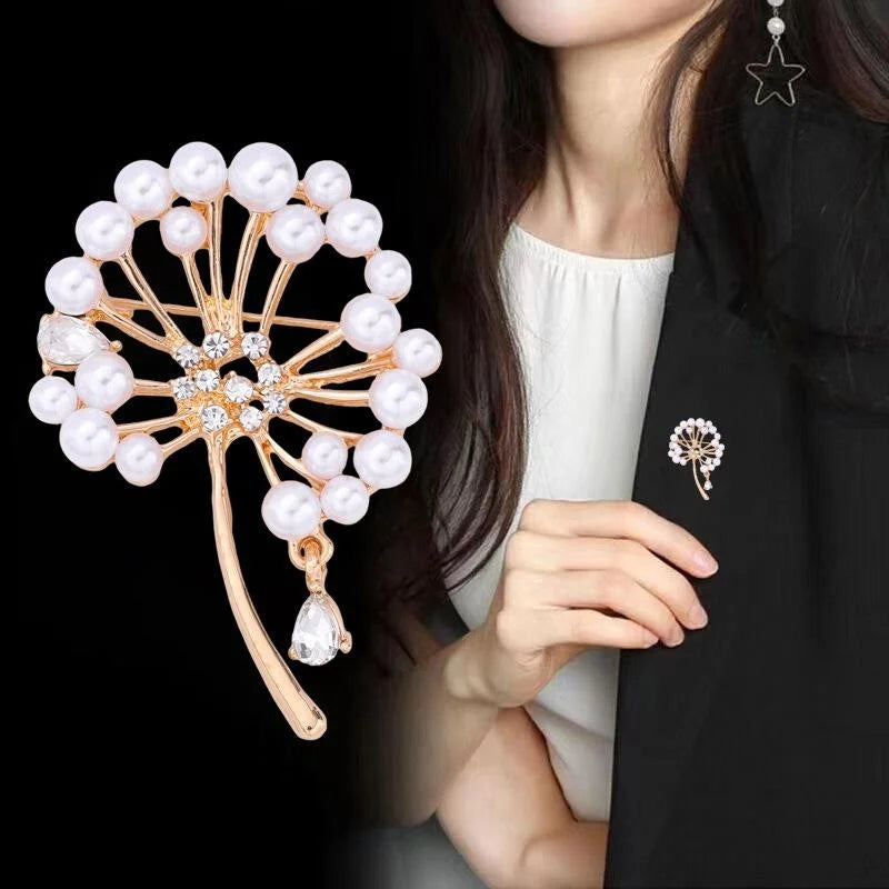 Elegant Dandelion Flower Brooch With Faux Pearls And Rhinestone Zircon, Women's Lapel Pin Corsage Gift
