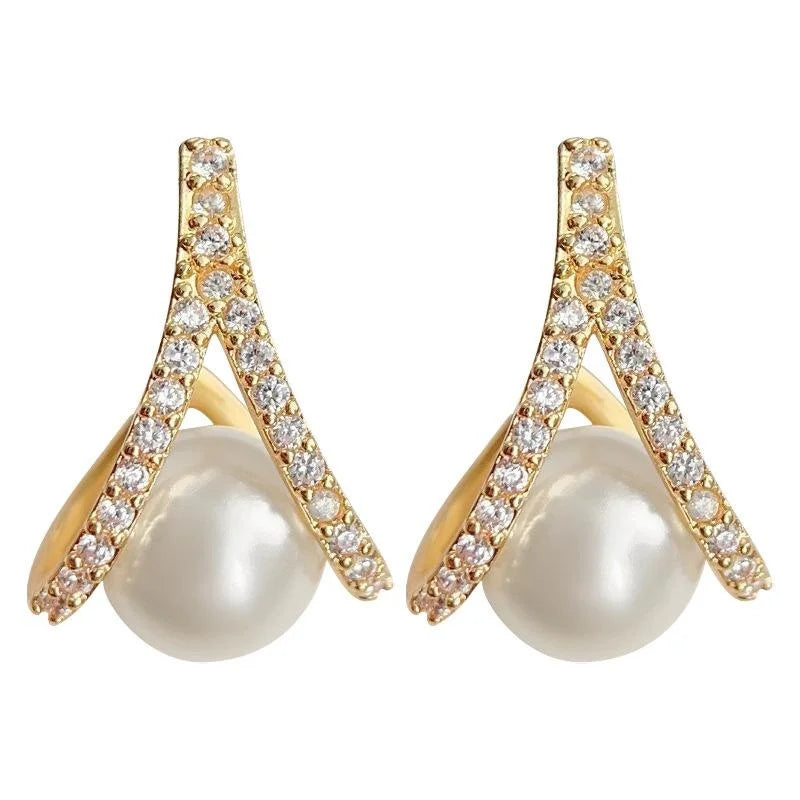 Eco-Friendly Copper Pearl Zircon Cross Drop Earrings Light Luxury Geometric Commuter Jewelry