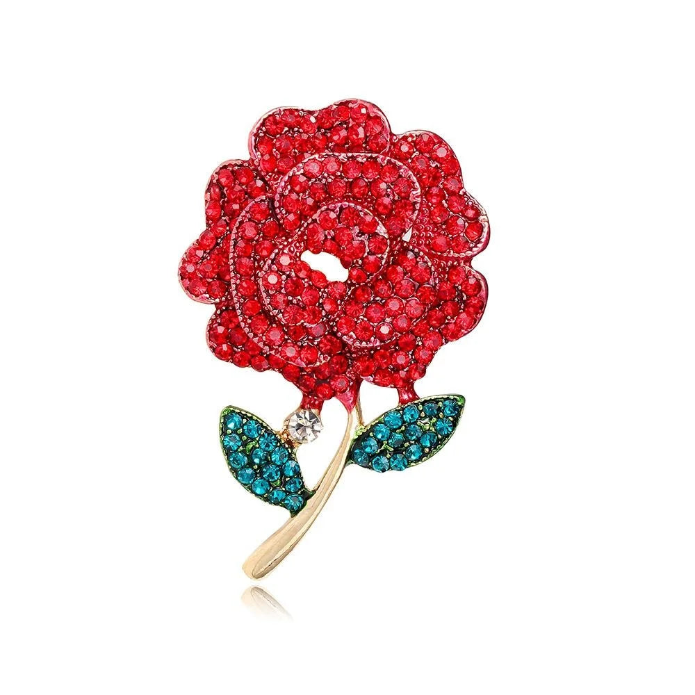 Elegant Red Rose Flower Rhinestone Enamel Brooch, Gold Tone Alloy Lapel Pin Corsage Gift For Women