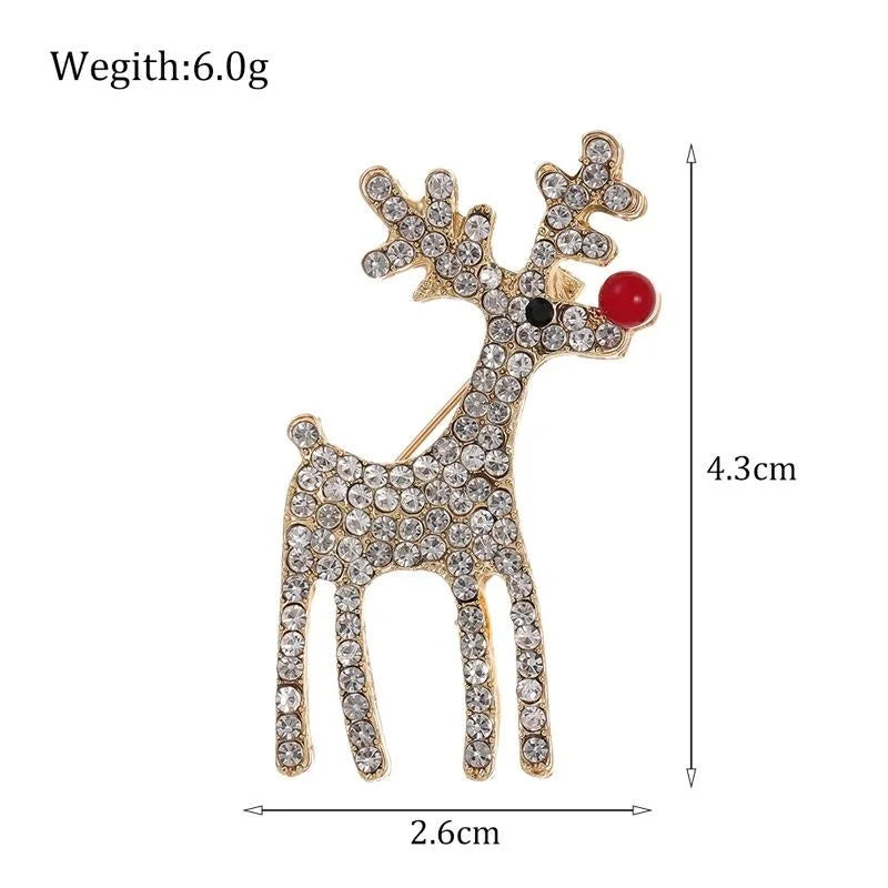 Cute Christmas Reindeer Rhinestone Alloy Brooch With Red Nose, Elegant Lapel Pin Corsage Gift