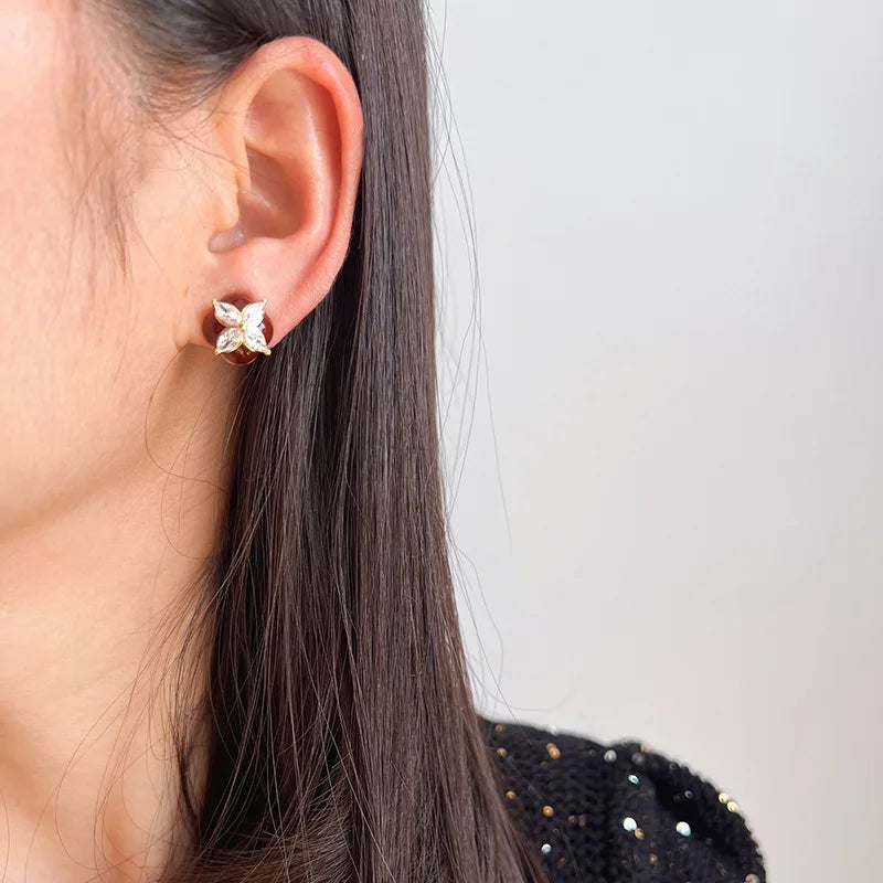 Vintage Red Enamel Flower Zircon Swirl Stud & Clip On No Piercing Luxury Women Earrings