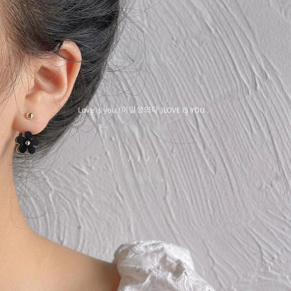 Korean Style Black White Acrylic Flower Back Hanging Stud Earrings With Copper Silver Plated Pins
