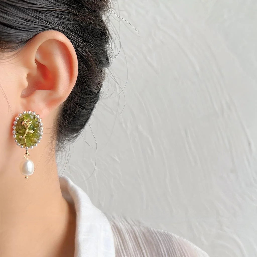 14K Plated Copper Green Peridot And Freshwater Pearl Floral Stud Earrings French Vintage Handmade