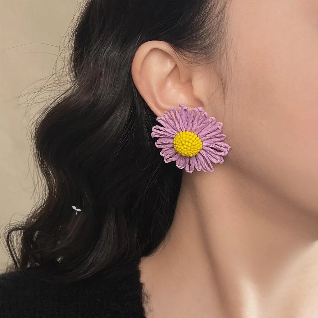 Sweet Colorful Handmade Woven Paper Flower Daisy Seed Bead Drop Earrings for Women