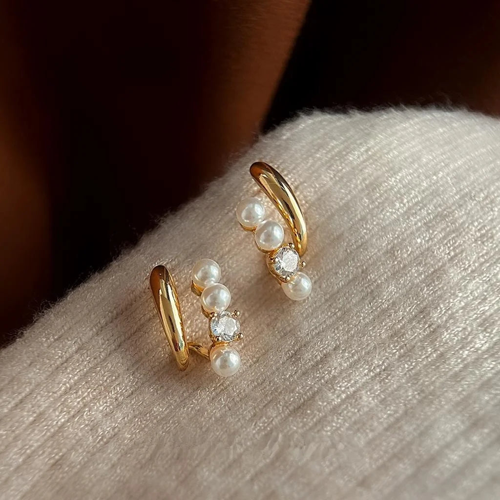 14K Gold Plated Copper Micro Pave Zircon Pearl Stud Earrings U Shape Geometric Minimalist Jewelry
