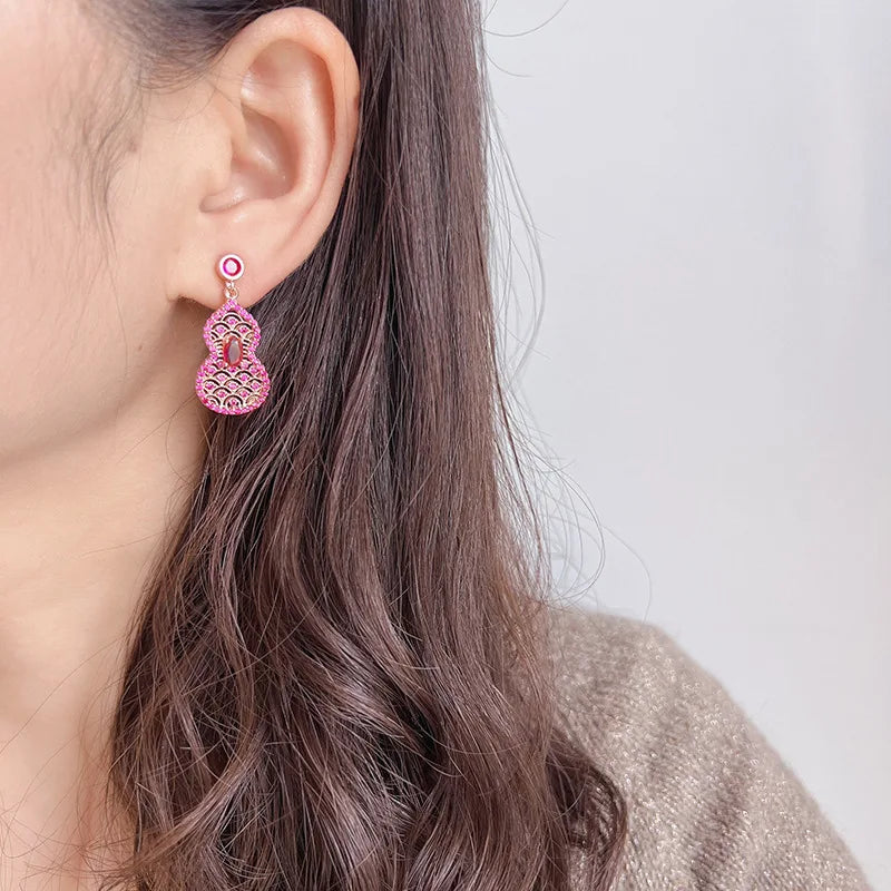 Luxury Rose Gold Hollow Gourd Floral Zircon Dangle Stud & Clip On No Piercing Women's Earrings