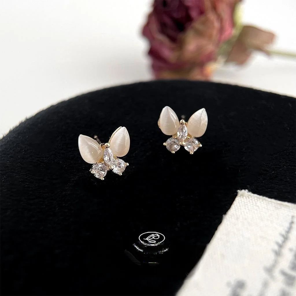 14K Plated Copper Butterfly Stud Earrings With Glass Cat Eye Stone And Micro Pave Zircon Minimalist Sweet