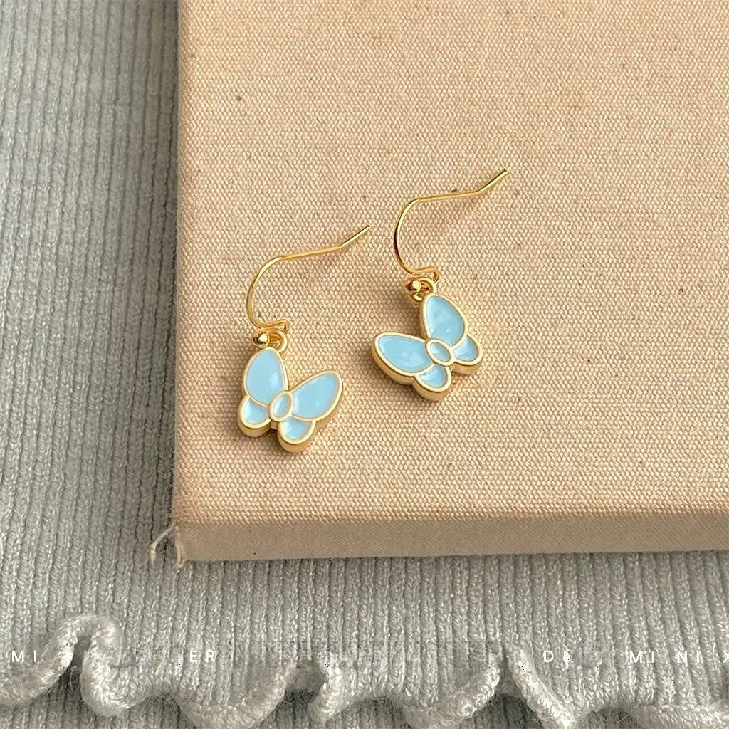 Sweet Mint Green Enamel Butterfly Drop Earrings Copper Summer Elegant Jewelry