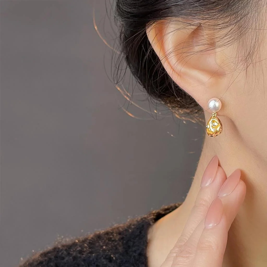 Vintage Freshwater Pearl 14K Gold Plated Copper Irregular Geometric Drop Earrings