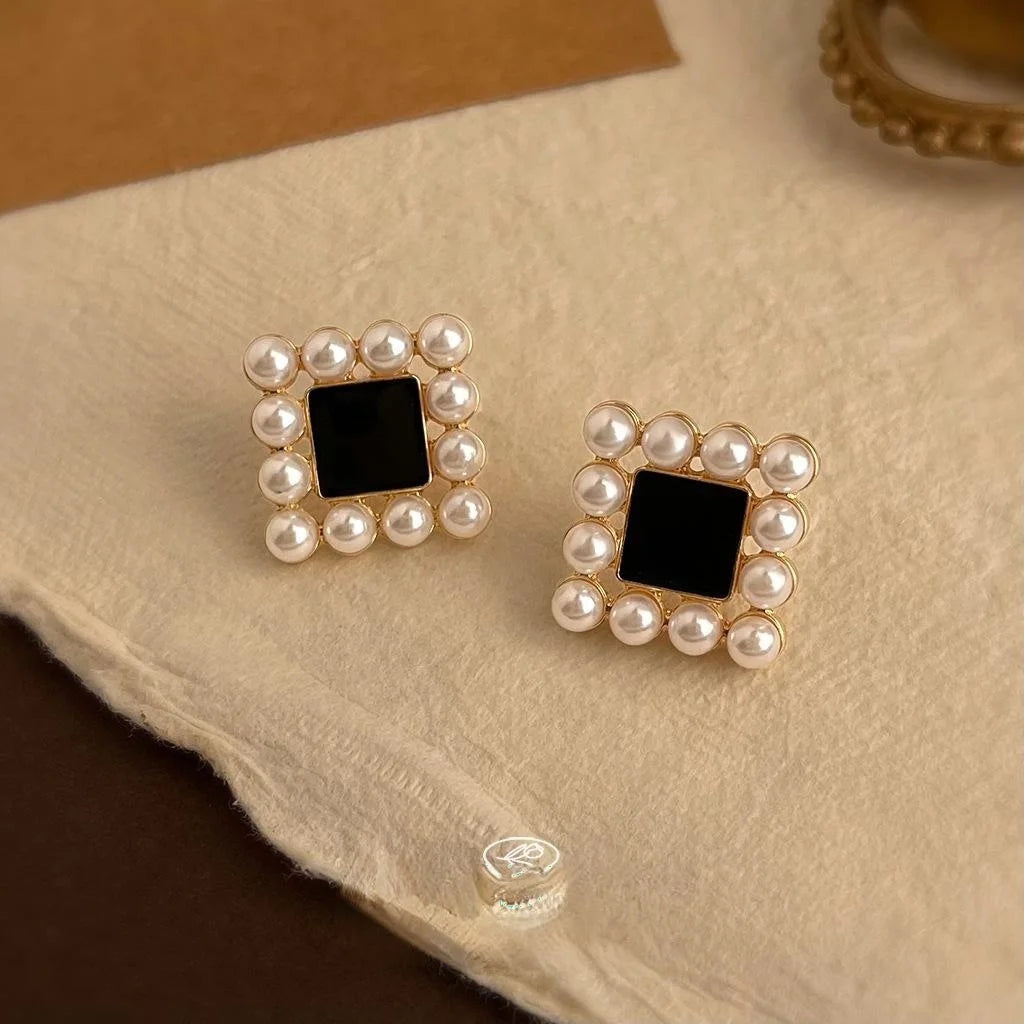 14K Plated Copper Square Geometric Enamel Pearl Stud Earrings