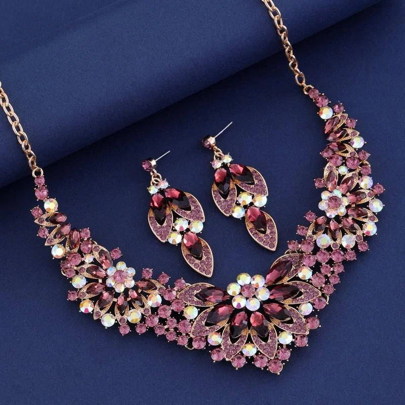 Luxury Bridal Rhinestone Crystal Flower Necklace And Earrings Jewelry Set, Silver Tone Wedding Party Jewelry