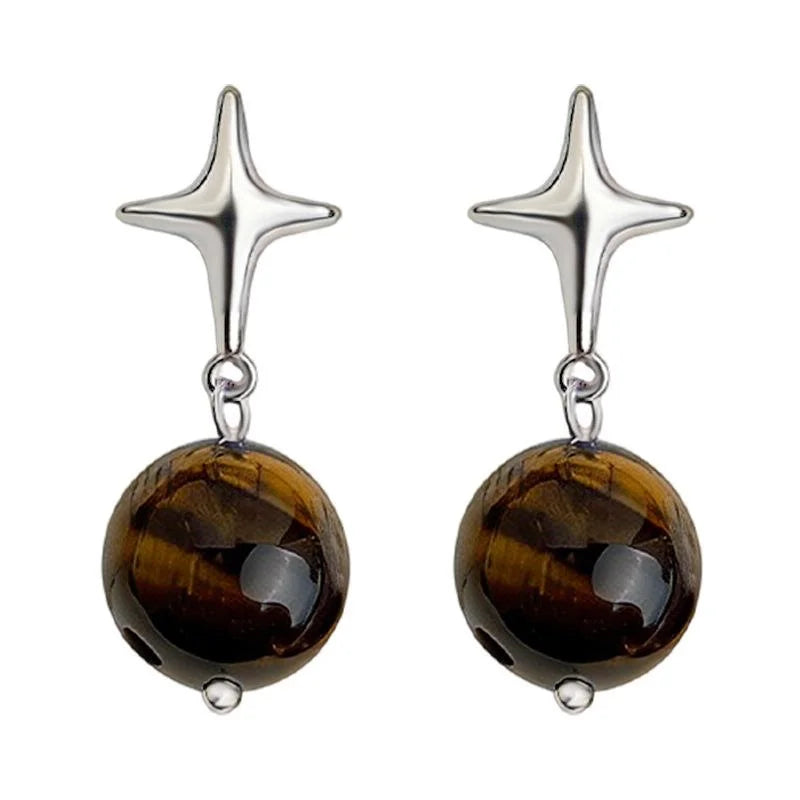 Maillard Style Natural Tiger Eye Copper Eight Point Star Tassel Drop Earrings