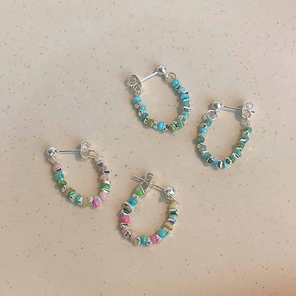 Dopamine Colorful Rice Bead Hoop Stud Earrings Sweet Handmade Copper Jewelry