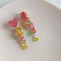 High Quality Heart Tassel Crushed Stone Clip On Drop Earrings For Women Vacation Style