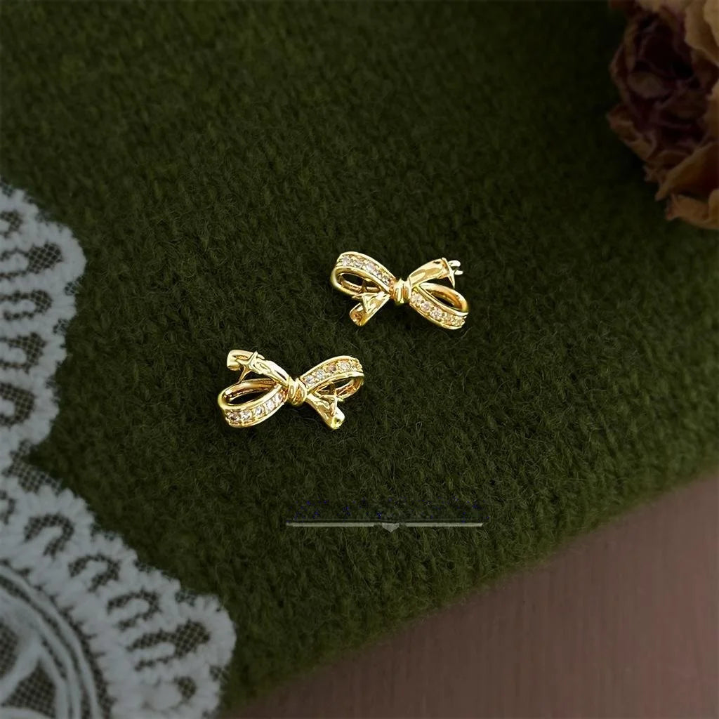 Light Luxury Micro Pave Zircon Bow Stud Earrings Copper Star Accent