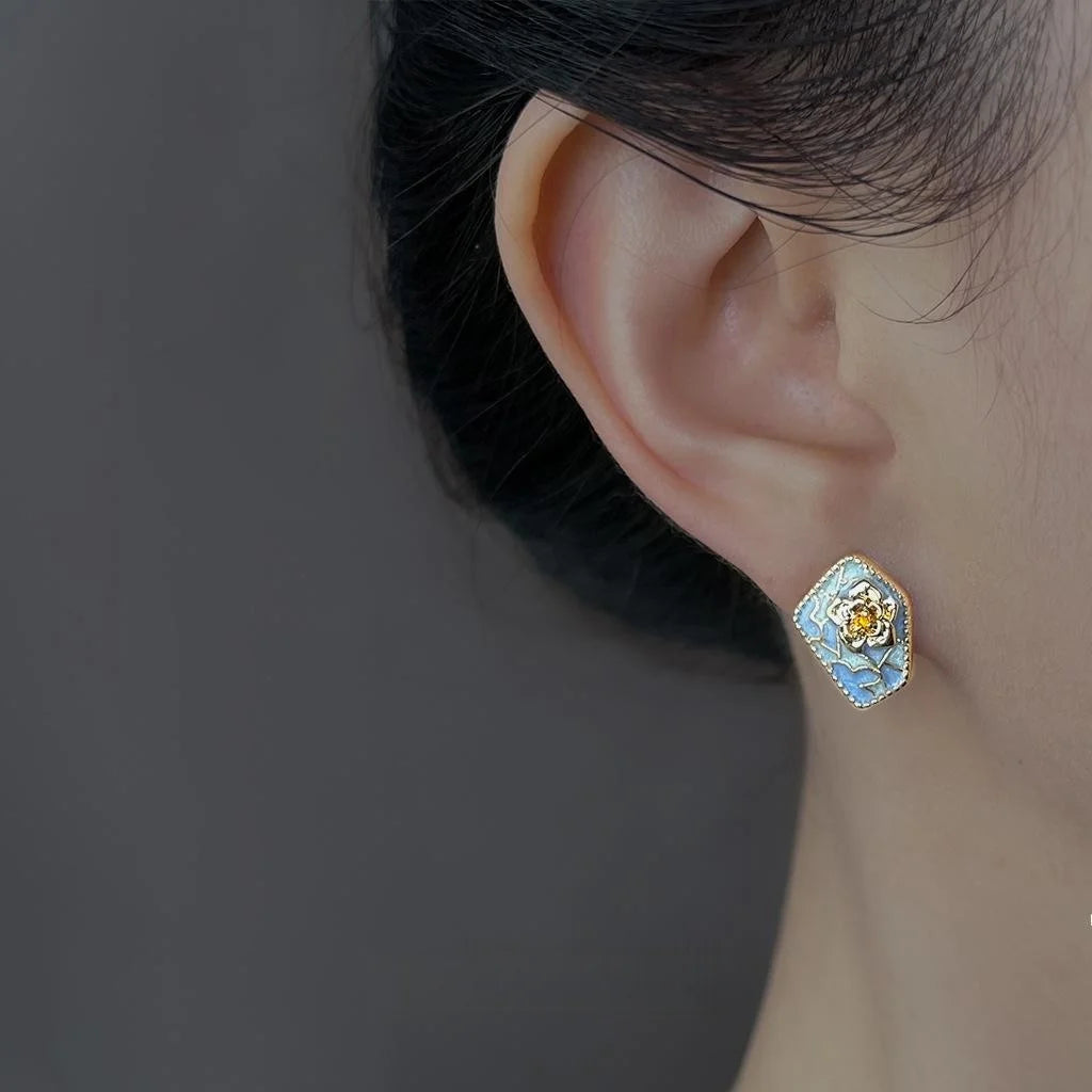 Original Flower Stud Earrings Eco Copper Haze Blue Court Style Designer Jewelry