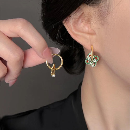 New Chinese Ethnic Octagon Enamel Pearl Stud Earrings Geometric Electroplated Jewelry