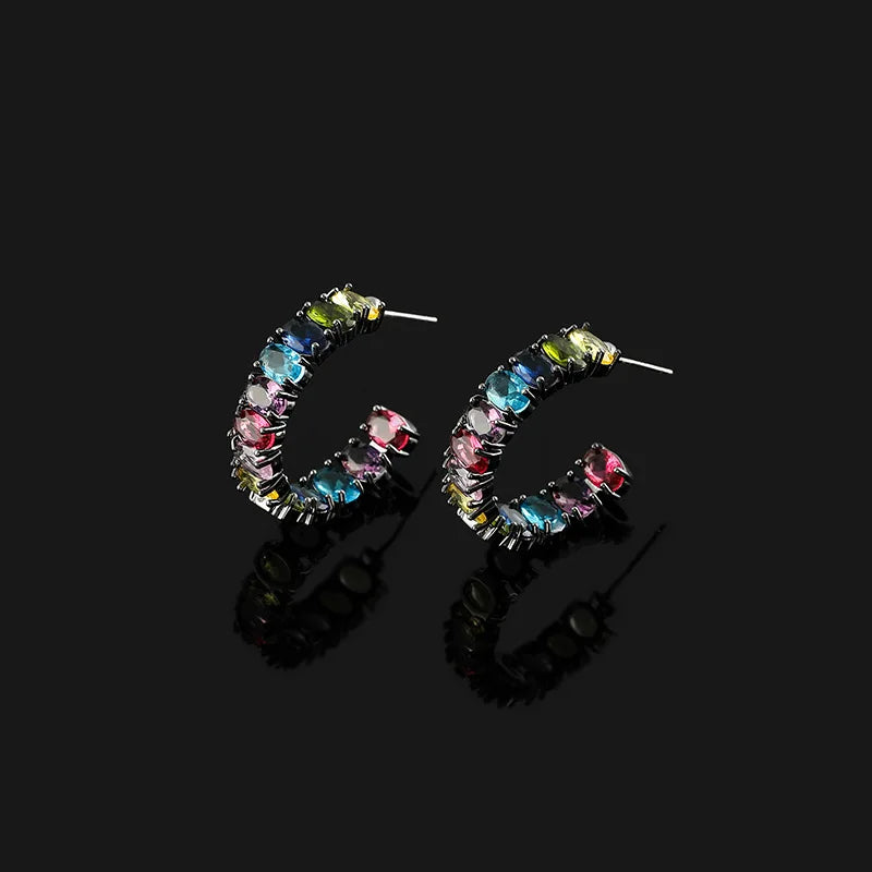 Vintage Rainbow Zircon Hoop Stud & Clip On No Piercing Spiral Alloy Ear Cuff Luxury Earrings