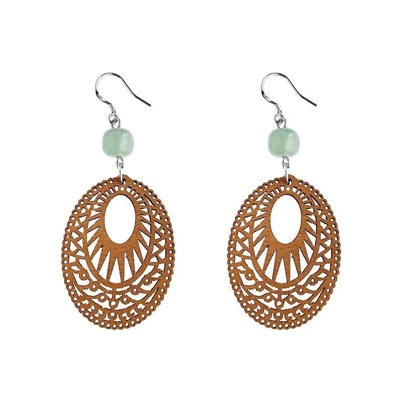 New Chinese Style Wood And Aventurine Jade Geometric Oval Ethnic Vintage Drop Earrings