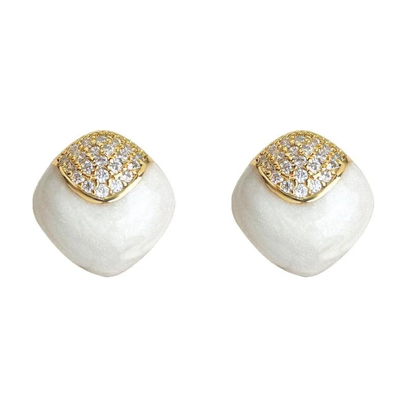Light Luxury Milky White Geometric Square Zircon Pave Silver Plated Copper Stud Earrings