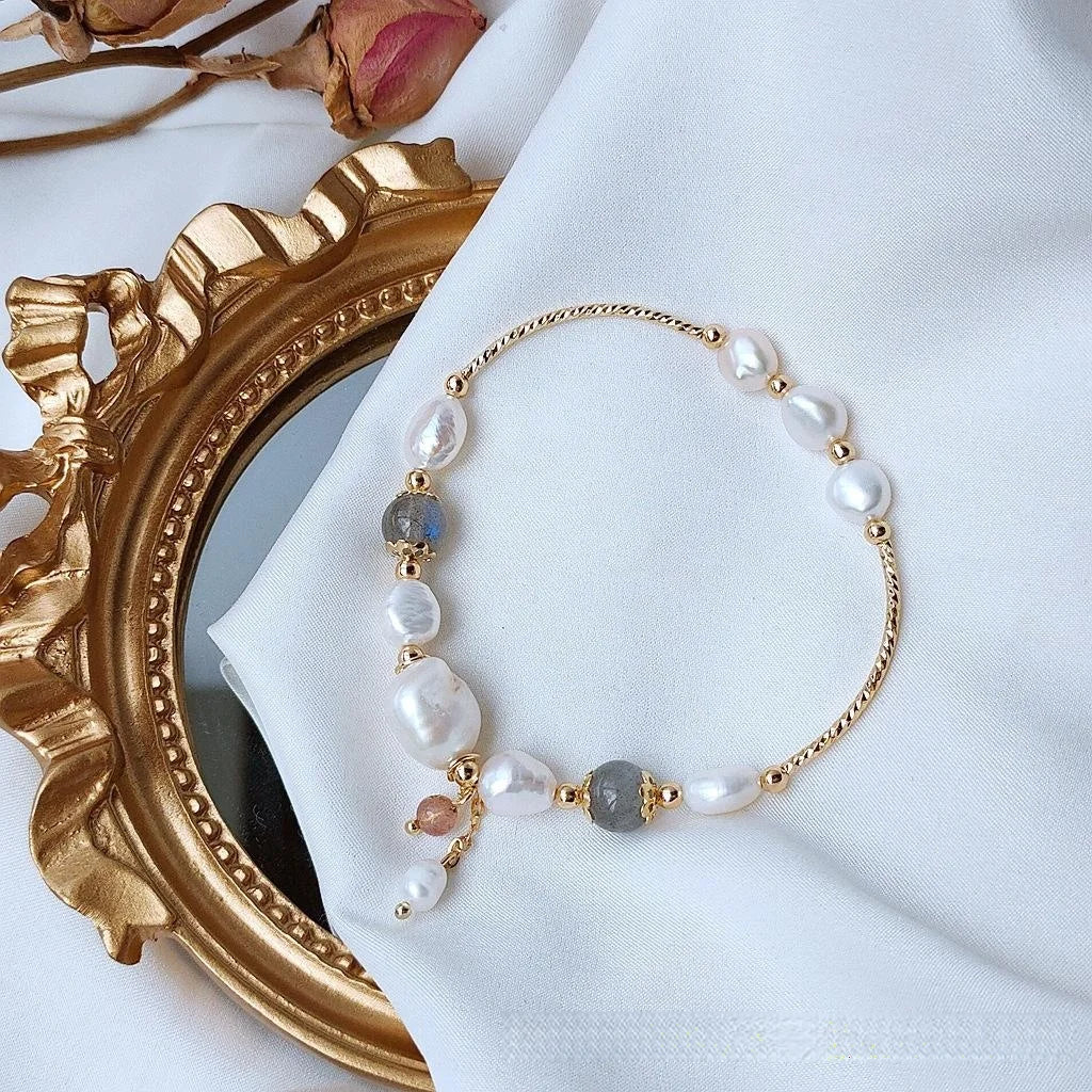 Handmade Freshwater Pearl And Moonstone Bracelet For Women Korean Minimalist Geometric Jewelry
