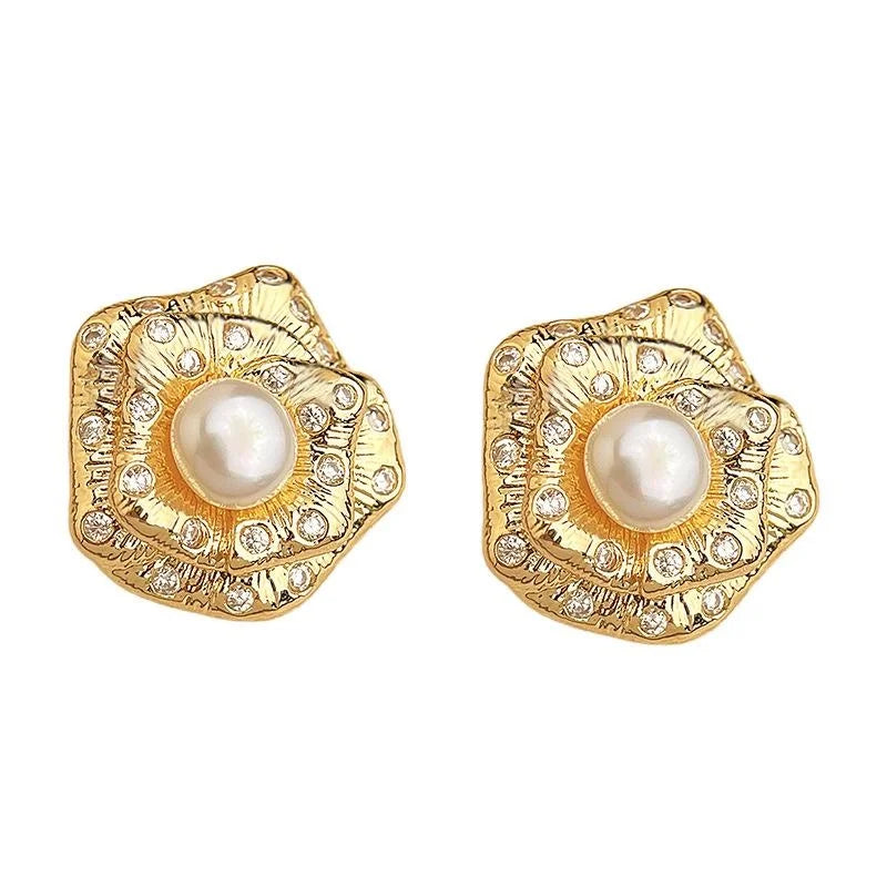 Light Luxury Copper Freshwater Pearl Zircon 3D Rose Stud Earrings For Women