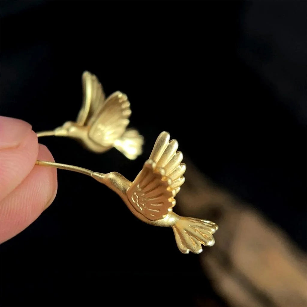 Designer Matte Copper Hummingbird Stud Earrings Artistic Style Bird Jewelry