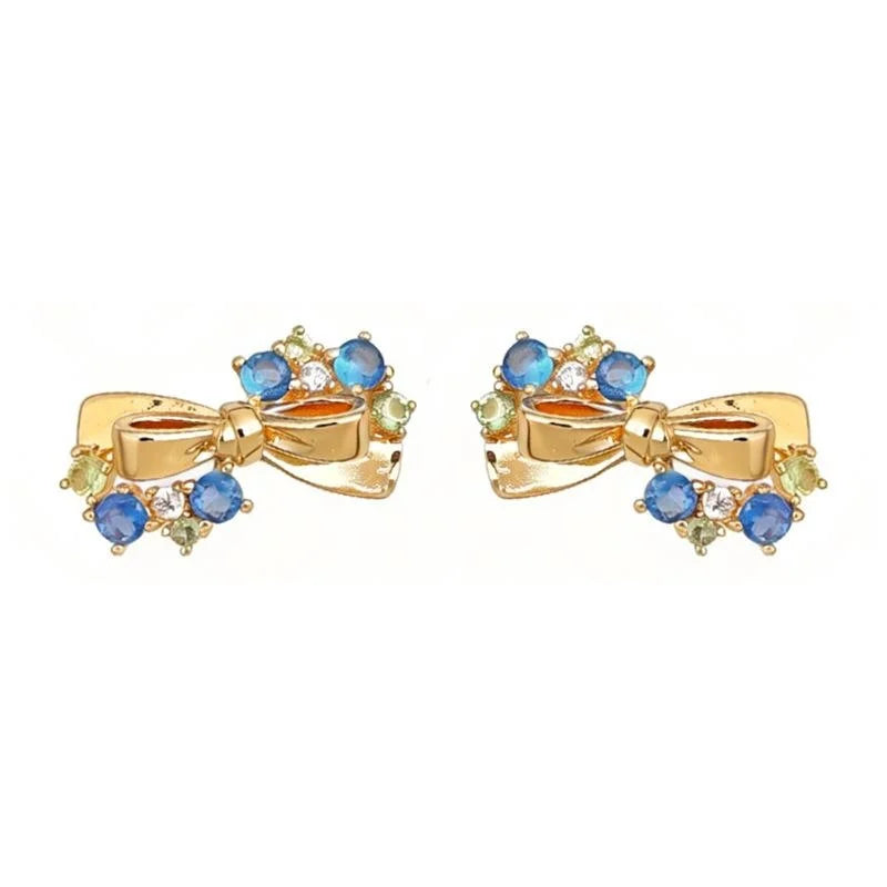 Fashion Aquamarine Zircon Bow Stud Earrings Copper Geometric Jewelry
