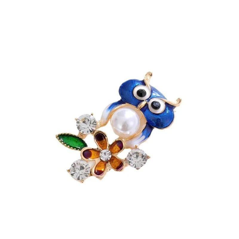 Cute Blue Enamel Owl And Flower Brooch With Rhinestones And Faux Pearl, Elegant Lapel Pin Gift