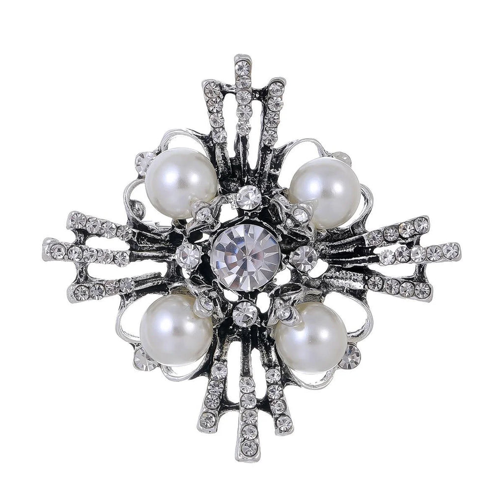 Luxury Geometric Cross Pearl Rhinestone Brooch Silver Tone Alloy Lapel Pin Corsage Suit Accessory Gift