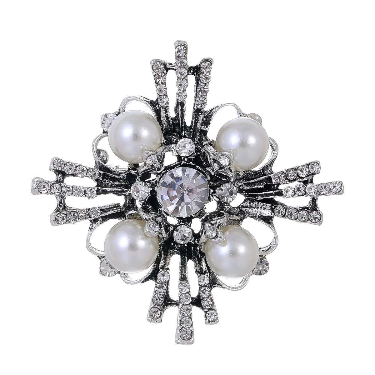 Luxury Geometric Cross Pearl Rhinestone Brooch Silver Tone Alloy Lapel Pin Corsage Suit Accessory Gift