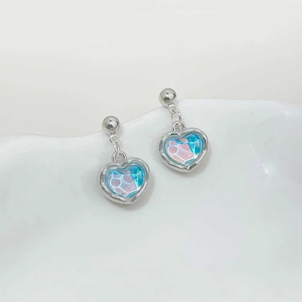 Sea Blue Glass Heart Drop Earrings For Women, Irregular Fresh Vacation Style Jewelry
